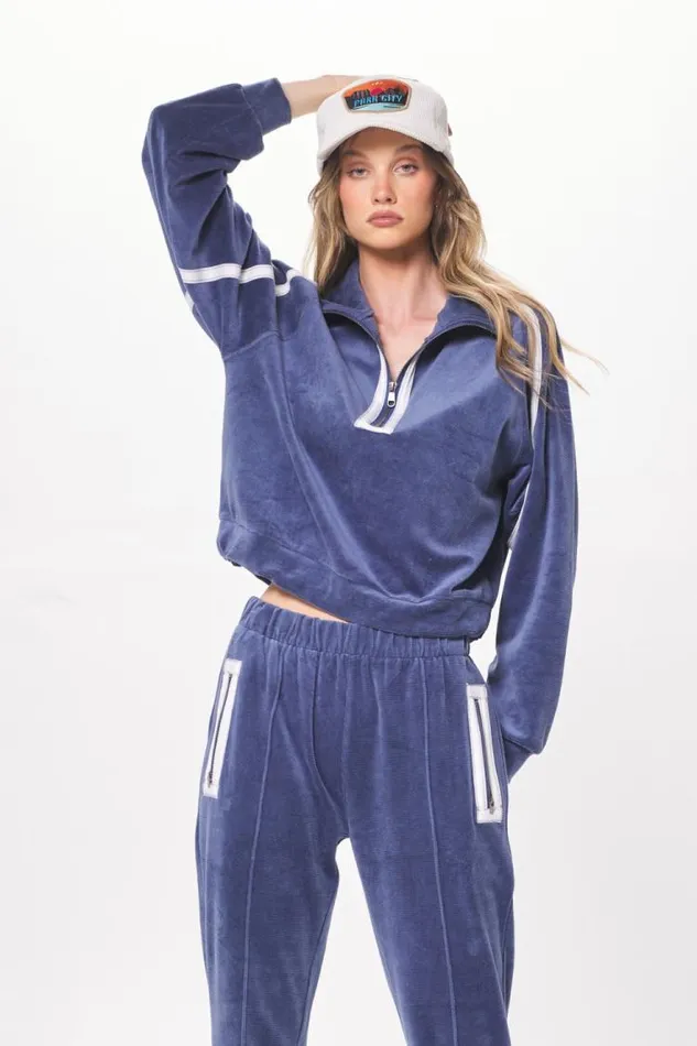 Women Vintage Havana Sweaters Space Blue Brushed Corduroy Quarter Zip Space Blue