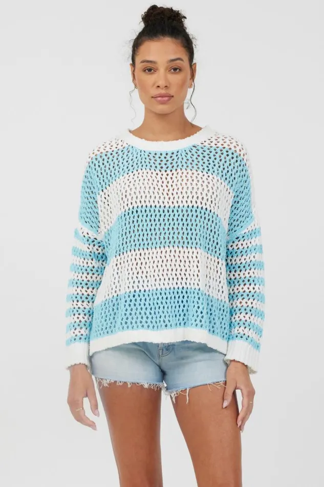 Women Vintage Havana Sweaters Tropical Turquoise Striped Netted Crewneck Tropical Turquoise