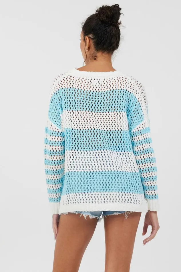 Women Vintage Havana Sweaters Tropical Turquoise Striped Netted Crewneck Tropical Turquoise