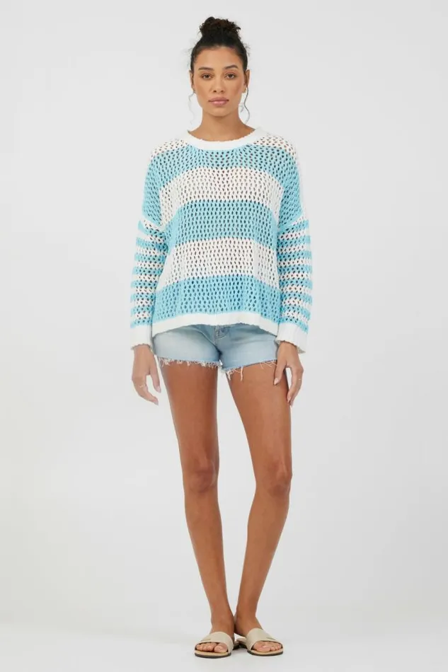 Women Vintage Havana Sweaters Tropical Turquoise Striped Netted Crewneck Tropical Turquoise