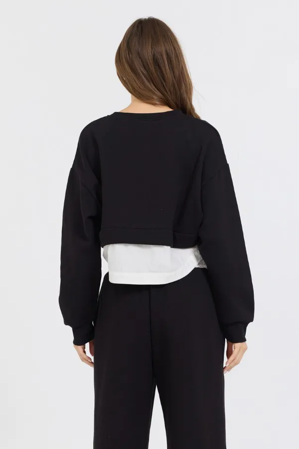 Women Vintage Havana Sweatshirts Black White Essential Fleece Crewneck W Poplin Insert Black