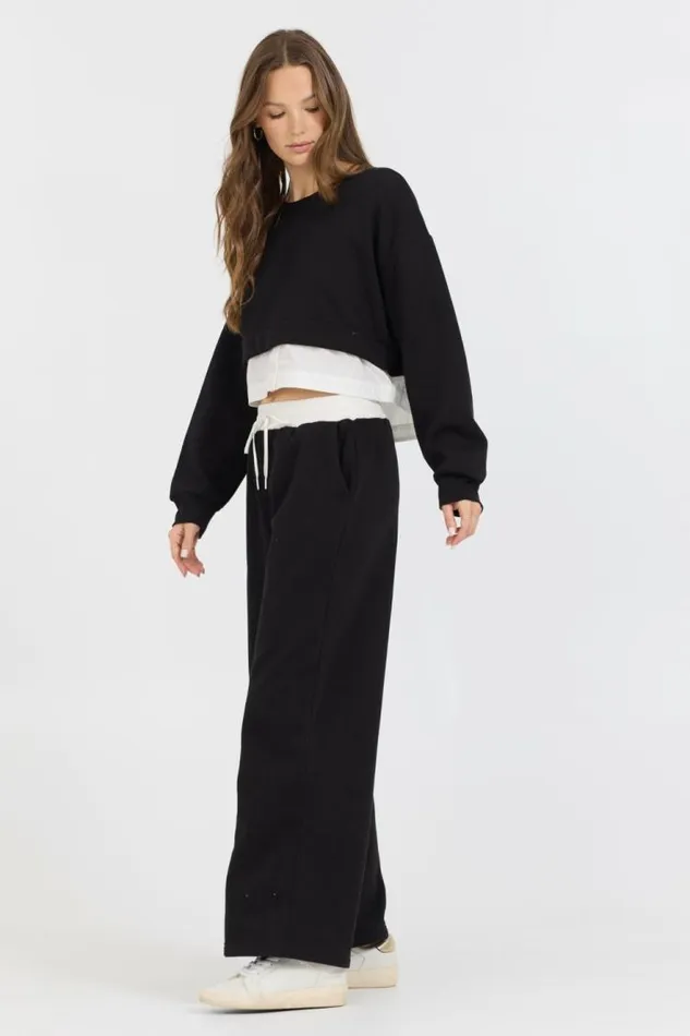 Women Vintage Havana Sweatshirts Black White Essential Fleece Crewneck W Poplin Insert Black