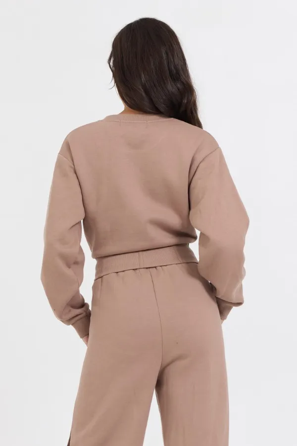 Women Vintage Havana Sweatshirts Caramel Latte Brushed Fleece Corset Crew Caramel