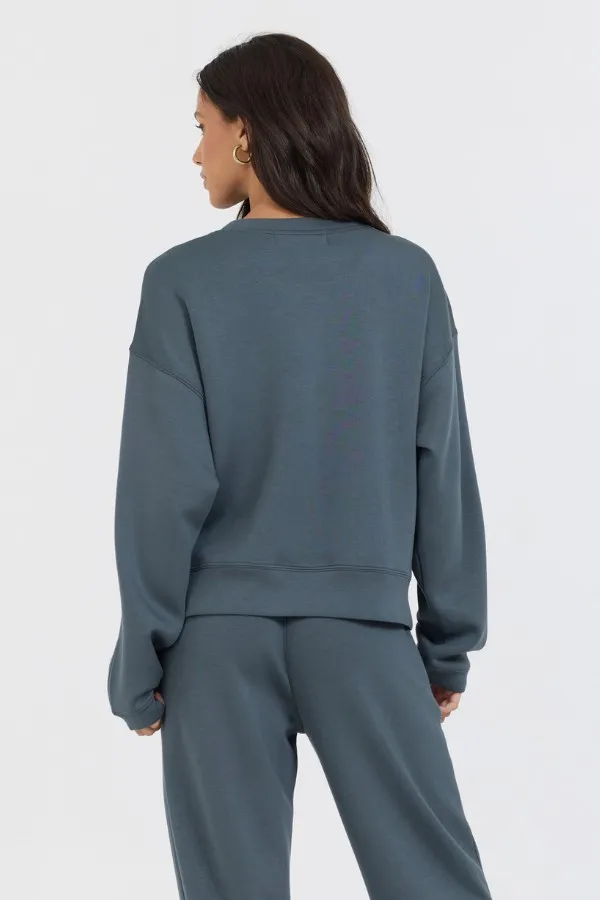 Women Vintage Havana Sweatshirts Mountain GreyBlack Colorblock Insert Cloud Fleece Crew Grey