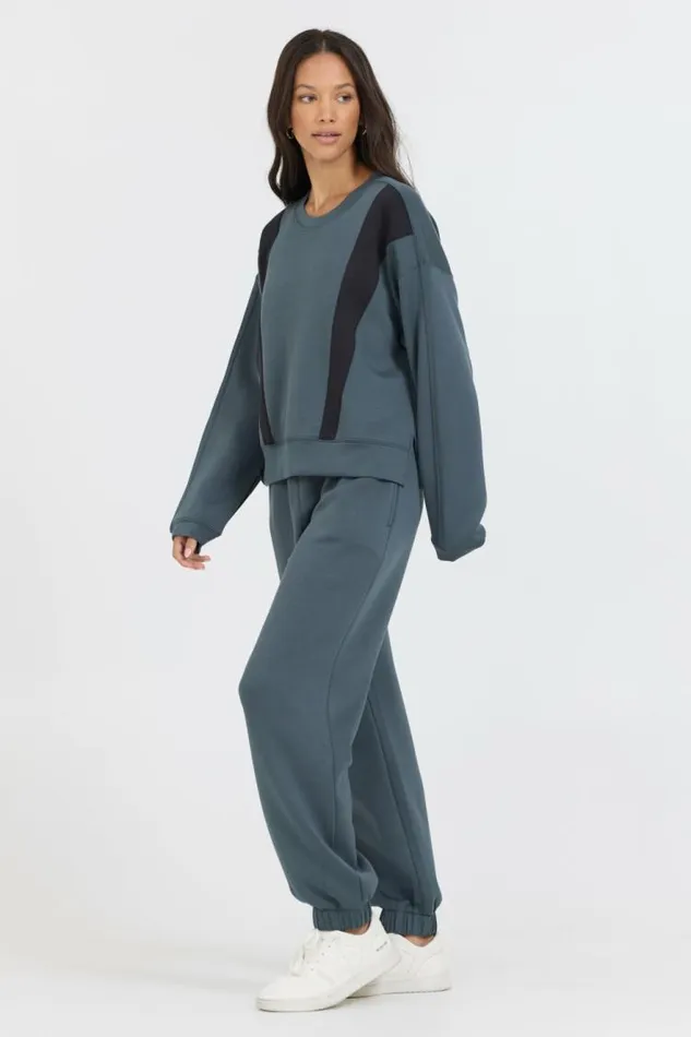 Women Vintage Havana Sweatshirts Mountain GreyBlack Colorblock Insert Cloud Fleece Crew Grey