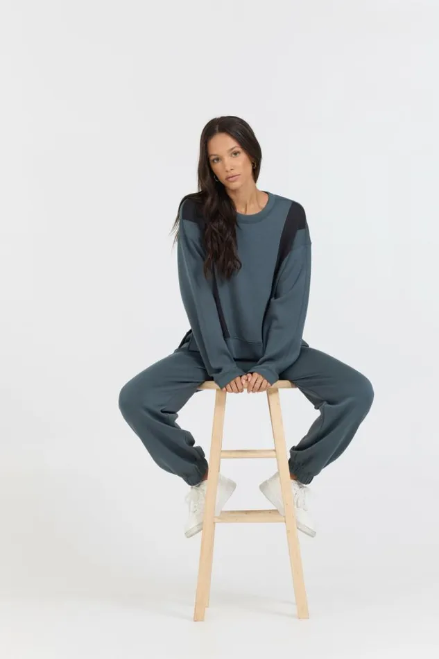 Women Vintage Havana Sweatshirts Mountain GreyBlack Colorblock Insert Cloud Fleece Crew Grey