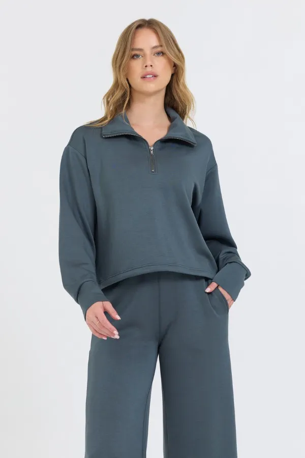 Women Vintage Havana Sweatshirts Mountain Grey Cloud Fleece Quarter Zip Grey