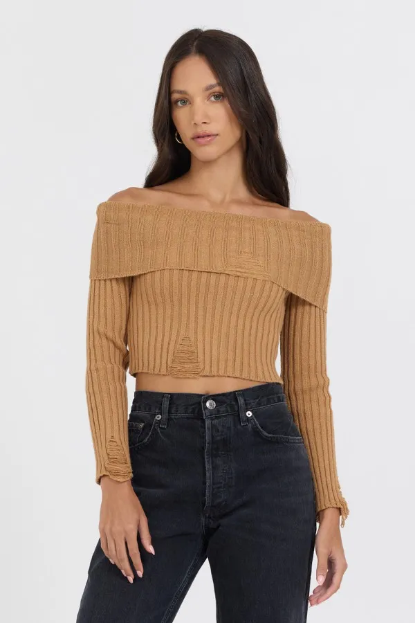 Women Vintage Havana Tees Caramel Distressed Off Shoulder Sweater Caramel