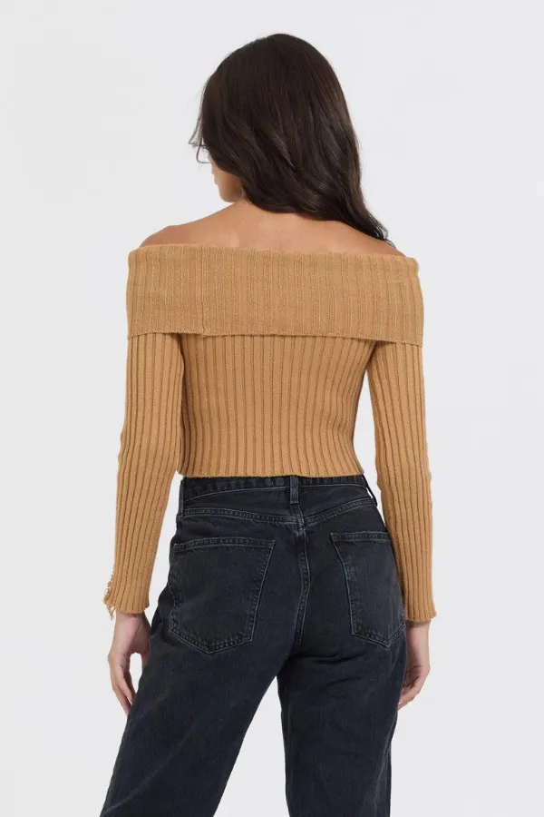 Women Vintage Havana Tees Caramel Distressed Off Shoulder Sweater Caramel