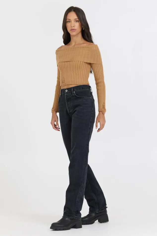 Women Vintage Havana Tees Caramel Distressed Off Shoulder Sweater Caramel