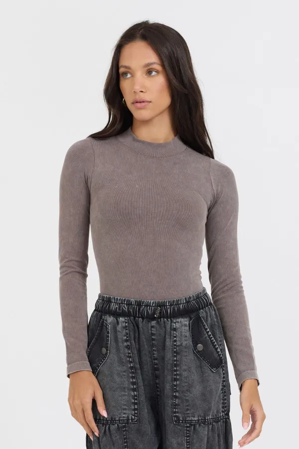 Women Vintage Havana Tees Washed Taupe Seamless Mock Neck Top Washed Taupe