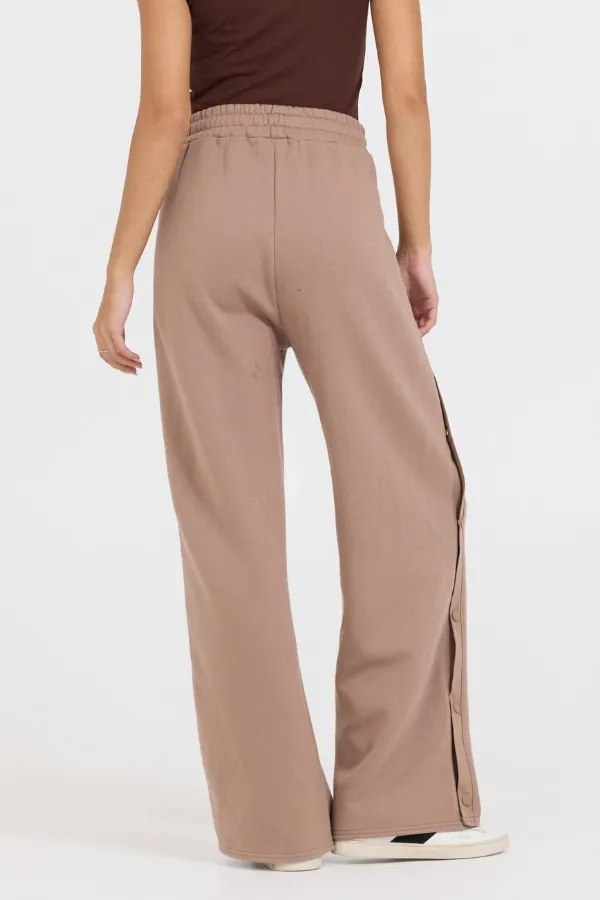 Women Vintage Havana Wide Leg Pants Caramel Latte Brushed Fleece Snap Pant Caramel