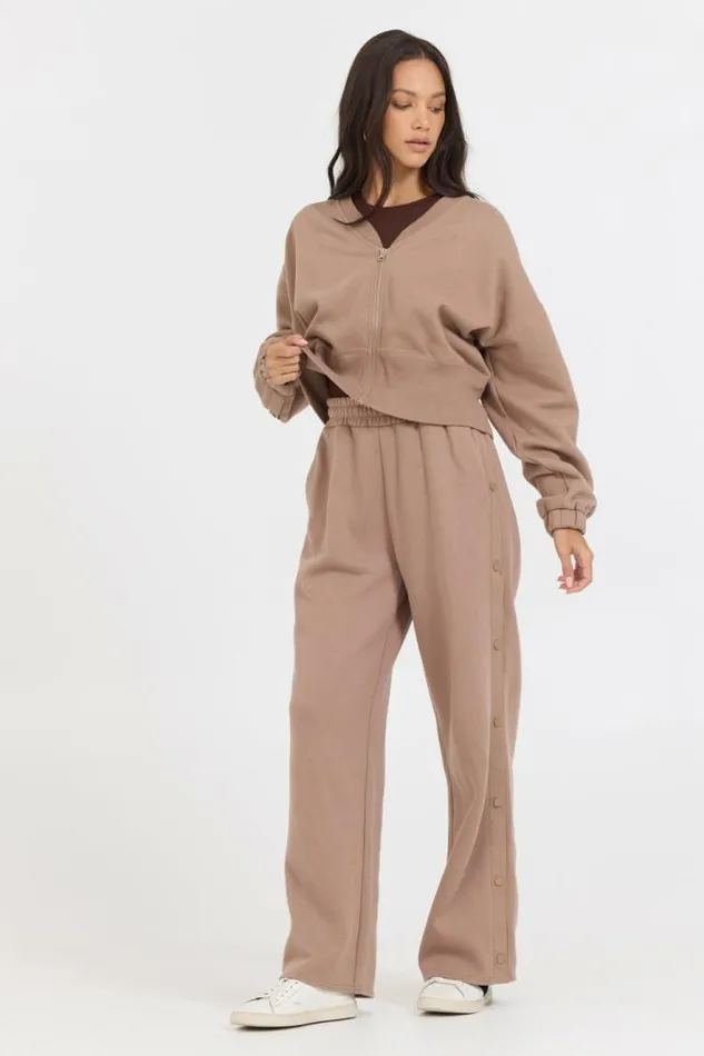 Women Vintage Havana Wide Leg Pants Caramel Latte Brushed Fleece Snap Pant Caramel