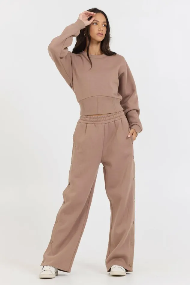 Women Vintage Havana Wide Leg Pants Caramel Latte Brushed Fleece Snap Pant Caramel