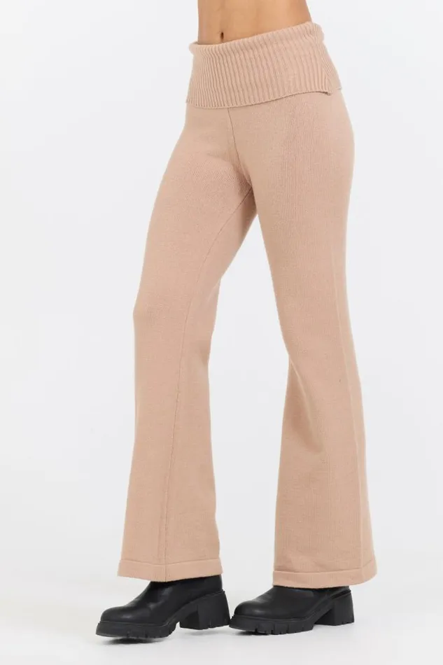 Women Vintage Havana Wide Leg Pants Salted Caramel Slim Fit Knit Fold Over Flare Pant Caramel