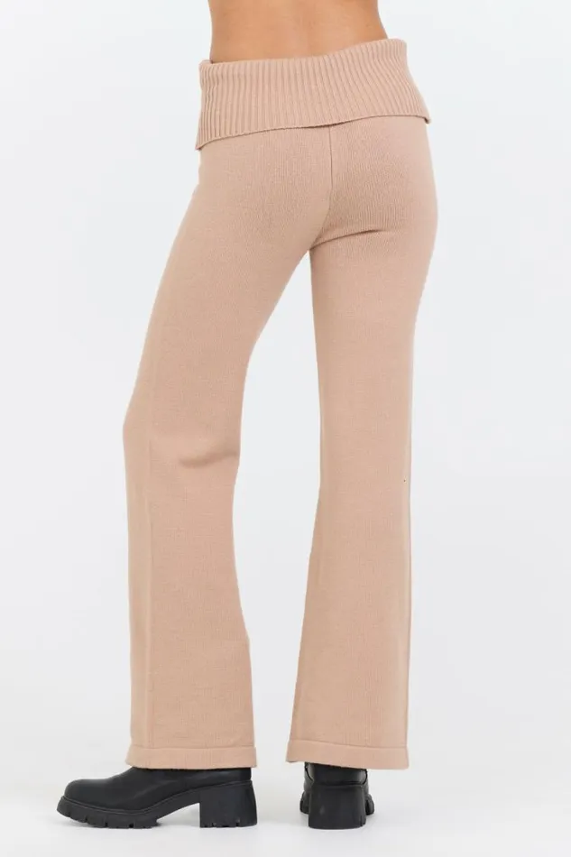 Women Vintage Havana Wide Leg Pants Salted Caramel Slim Fit Knit Fold Over Flare Pant Caramel
