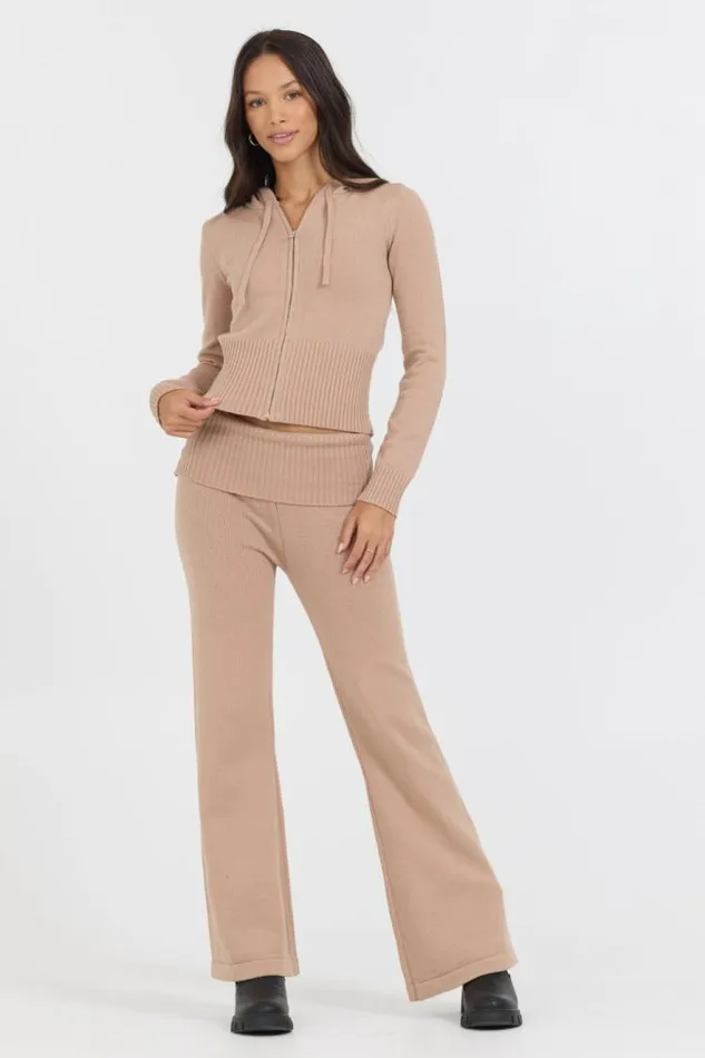 Women Vintage Havana Wide Leg Pants Salted Caramel Slim Fit Knit Fold Over Flare Pant Caramel