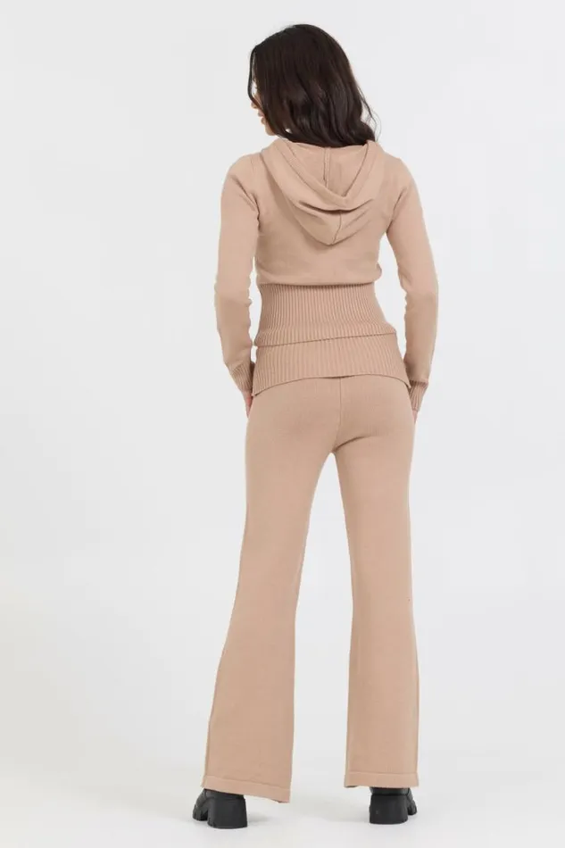 Women Vintage Havana Wide Leg Pants Salted Caramel Slim Fit Knit Fold Over Flare Pant Caramel