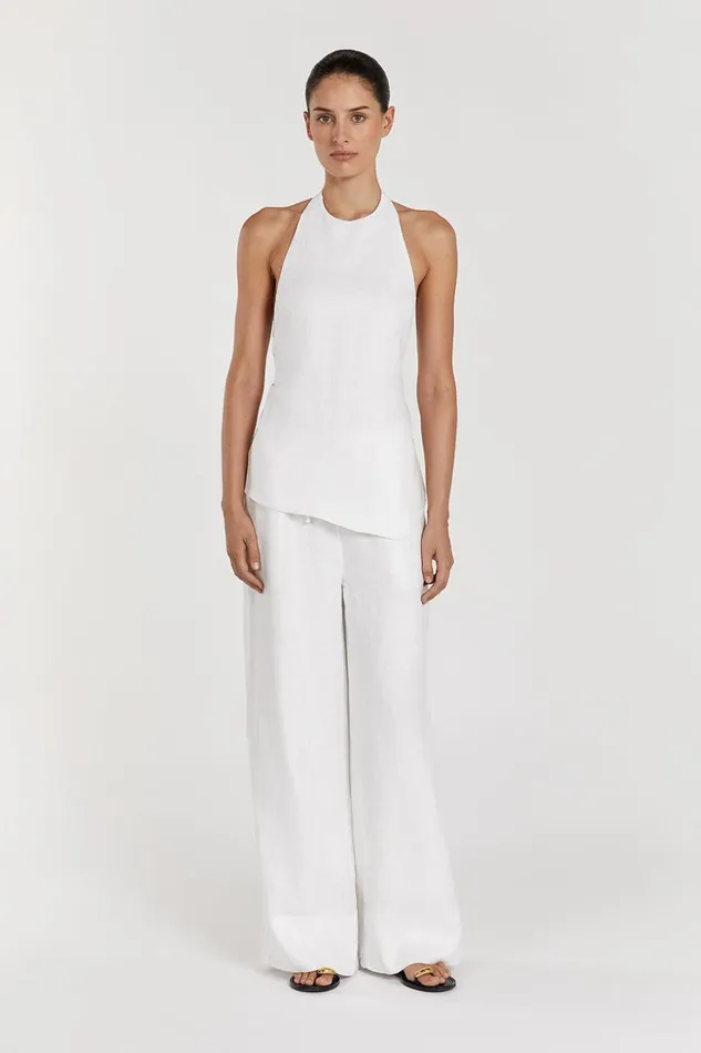 Women White DISSH GINA WHITE LINEN ELASTIC WAIST PANT