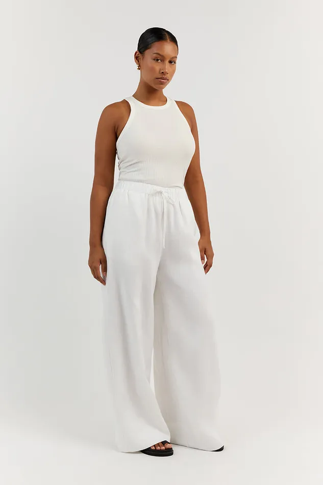 Women White DISSH GINA WHITE LINEN ELASTIC WAIST PANT