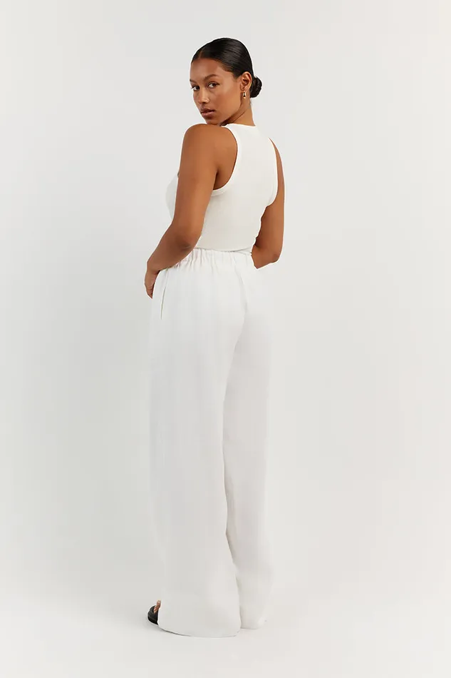 Women White DISSH GINA WHITE LINEN ELASTIC WAIST PANT