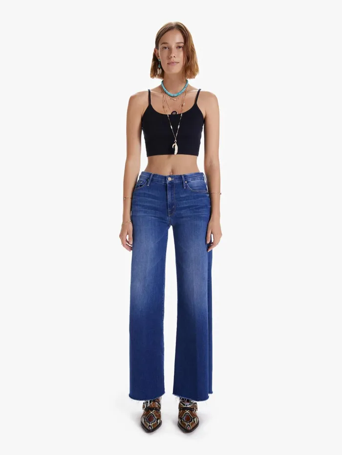 Women Wide Leg Mother Denim The Roller Fray Medium Blue