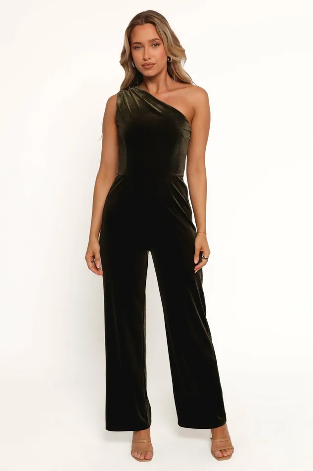 Women Xita Velvet One Shoulder Jumpsuit Olive Jumpsuits and Rompers Petal and Pup