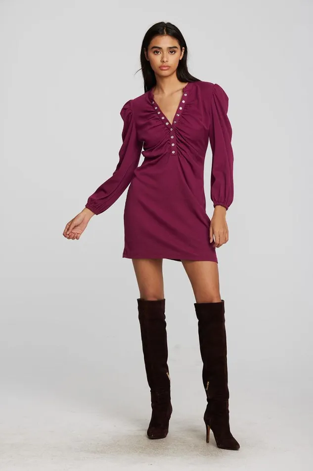 Womens Chaser Brand Dresses Recycled Vintage Rib Mini Dress With Deep V And Pearl Snaps