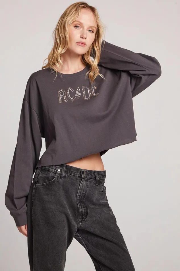 Womens Chaser Brand Tops ACDC Embellished Logo Long Sleeve