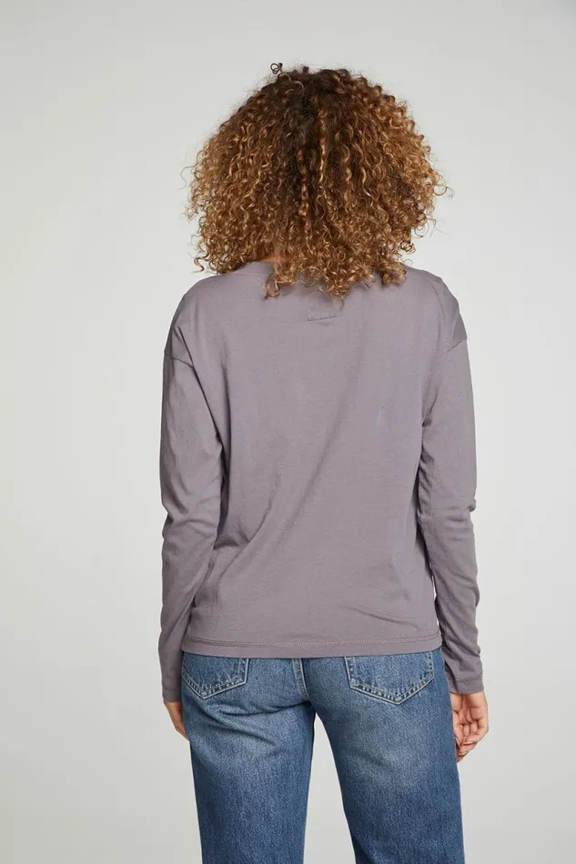 Womens Chaser Brand Tops Cropped Boxy Long Sleeve Henley With Side Slits