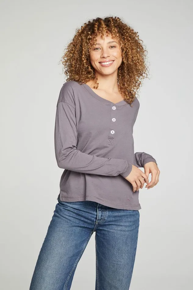 Womens Chaser Brand Tops Cropped Boxy Long Sleeve Henley With Side Slits