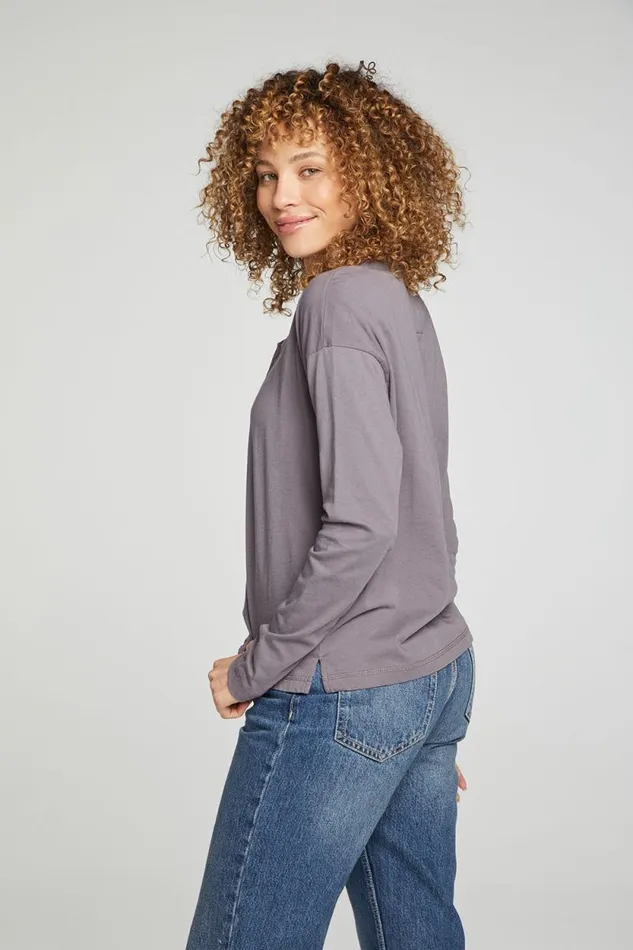 Womens Chaser Brand Tops Cropped Boxy Long Sleeve Henley With Side Slits