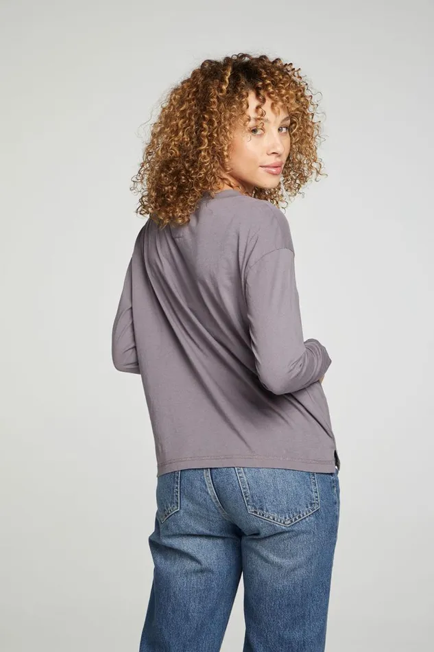 Womens Chaser Brand Tops Cropped Boxy Long Sleeve Henley With Side Slits