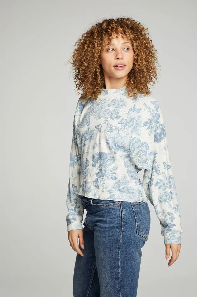 Womens Chaser Brand Tops Long Sleeve Cropped Mock Neck Raglan Tee