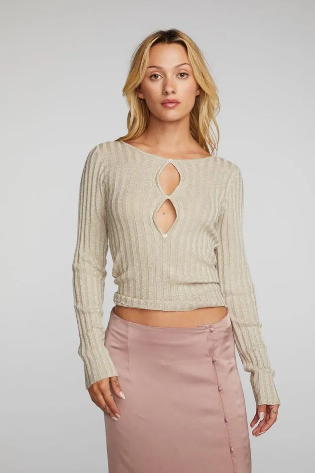 Womens Chaser Brand Tops Lurex Rib Knit Long Sleeve Top With Open Keyhole