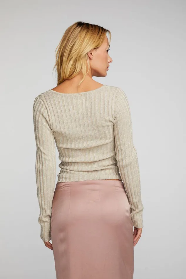Womens Chaser Brand Tops Lurex Rib Knit Long Sleeve Top With Open Keyhole