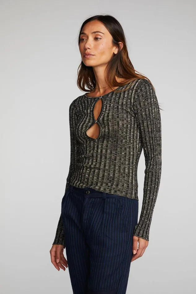 Womens Chaser Brand Tops Lurex Rib Knit Long Sleeve Top With Open Keyhole