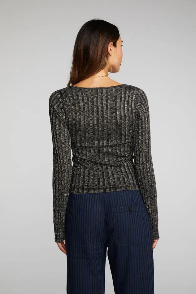 Womens Chaser Brand Tops Lurex Rib Knit Long Sleeve Top With Open Keyhole