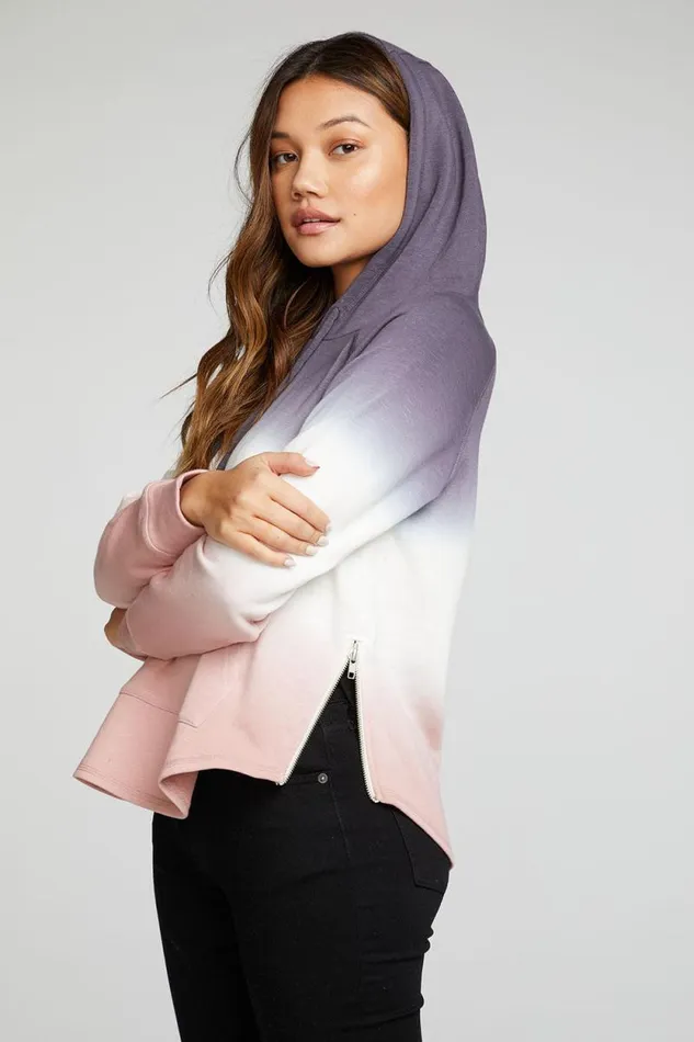 Womens Chaser Brand Tops Slub French Terry Long Sleeve Zip Side Shirttail Pullover Hoodie