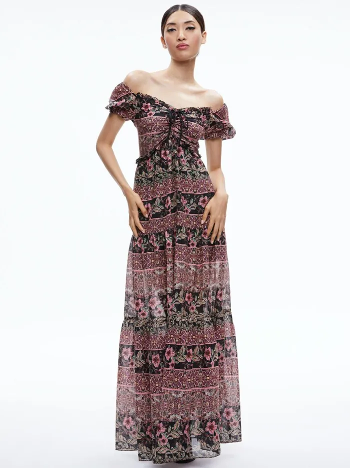 Womens Dresses Alice Olivia Andrea Puff Sleeve Maxi Dress Canopy Tile Black