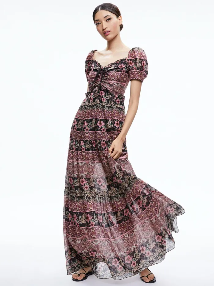 Womens Dresses Alice Olivia Andrea Puff Sleeve Maxi Dress Canopy Tile Black