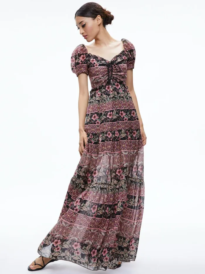 Womens Dresses Alice Olivia Andrea Puff Sleeve Maxi Dress Canopy Tile Black