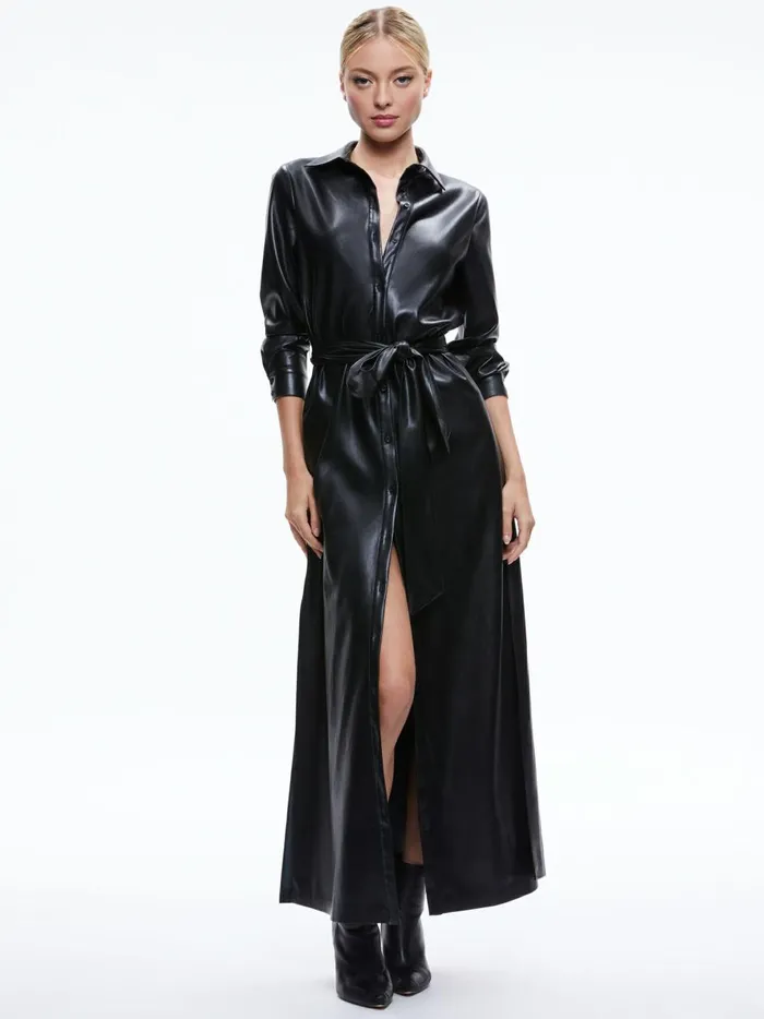 Womens Dresses Alice Olivia Chassidy Vegan Leather Maxi Shirt Dress Black