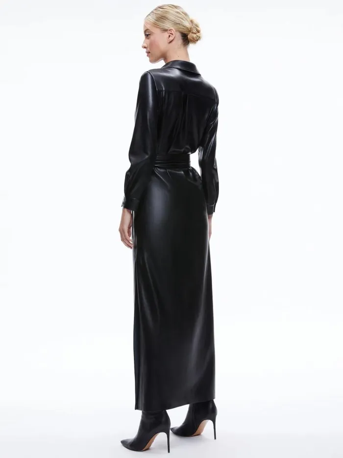 Womens Dresses Alice Olivia Chassidy Vegan Leather Maxi Shirt Dress Black