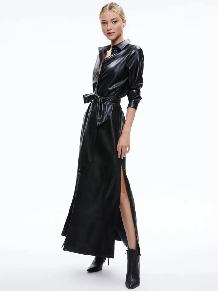 Womens Dresses Alice Olivia Chassidy Vegan Leather Maxi Shirt Dress Black
