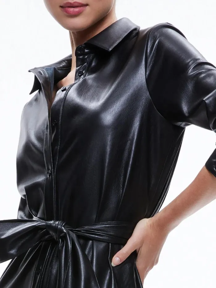 Womens Dresses Alice Olivia Chassidy Vegan Leather Maxi Shirt Dress Black