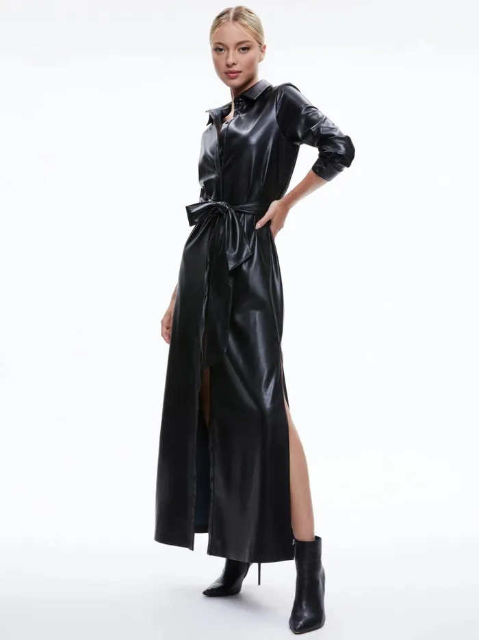 Womens Dresses Alice Olivia Chassidy Vegan Leather Maxi Shirt Dress Black