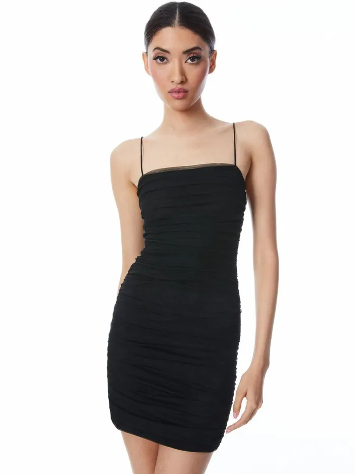 Womens Dresses Alice Olivia Cruz Spaghetti Strap Mini Ruched Dress Black