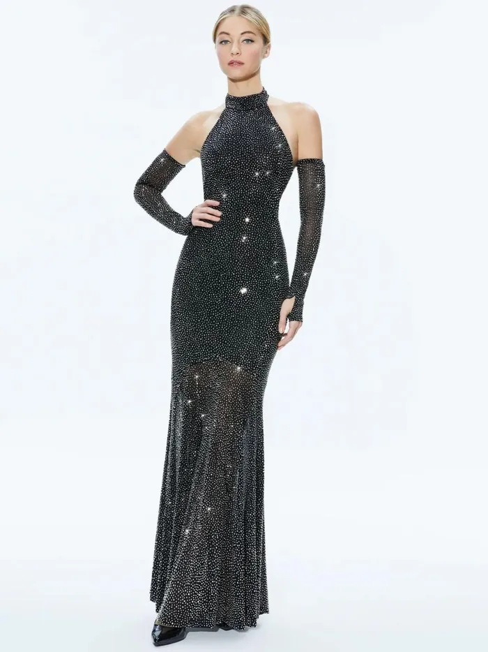 Womens Dresses Alice Olivia Fabiola Embellished Halter Neck Gown Blackgunmetal