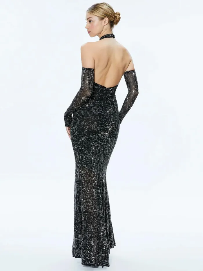 Womens Dresses Alice Olivia Fabiola Embellished Halter Neck Gown Blackgunmetal